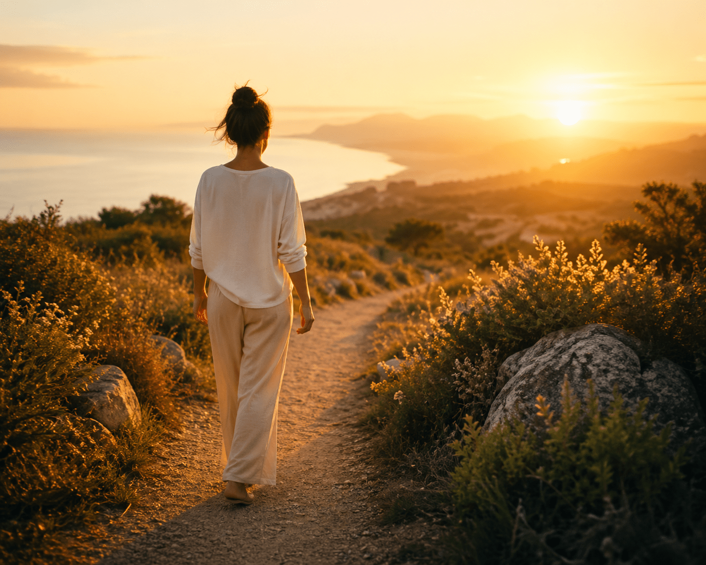 Woman walking a peaceful path at golden sunset