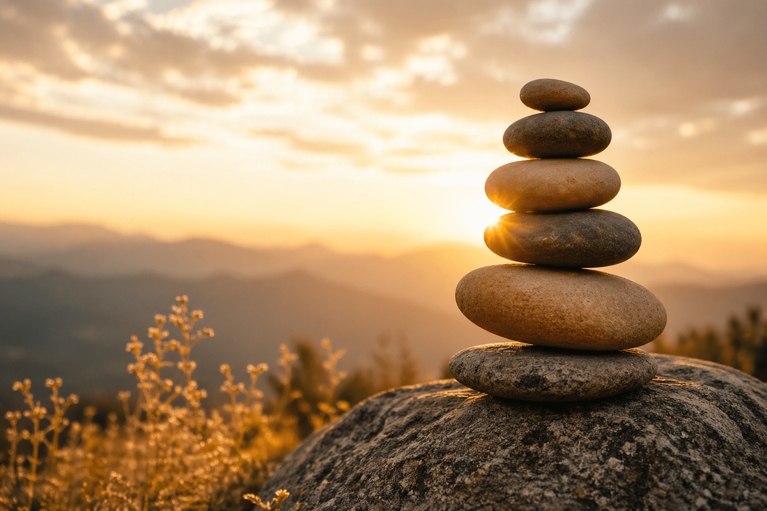 Balanced stone stack at sunrise