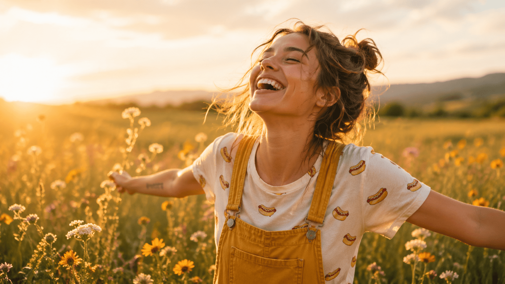 Joyful woman laughing in warm sunlight