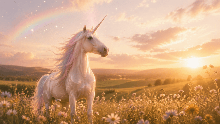 Unicorn in a dreamy golden meadow
