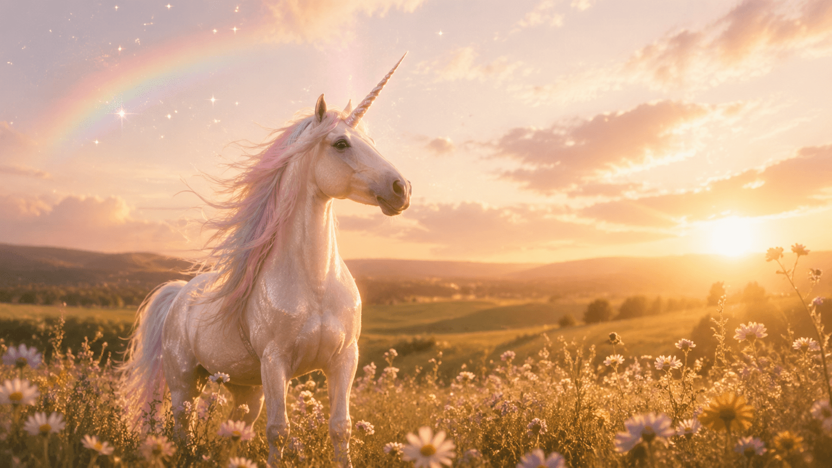 Unicorn in a dreamy golden meadow