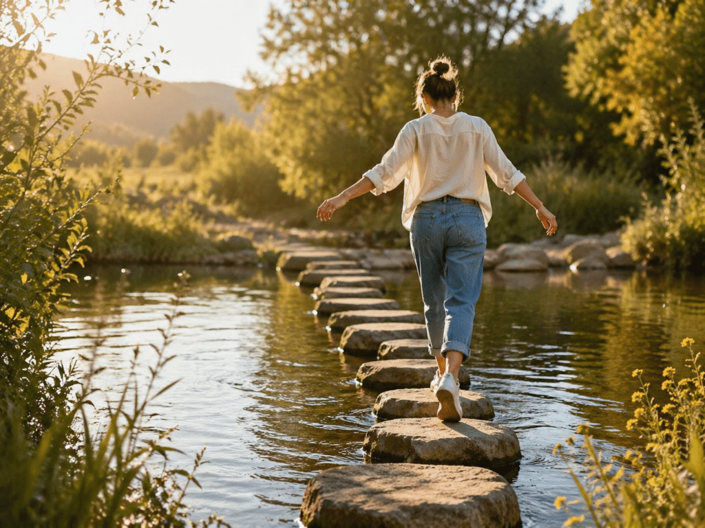 Woman crossing stones on a peaceful river path