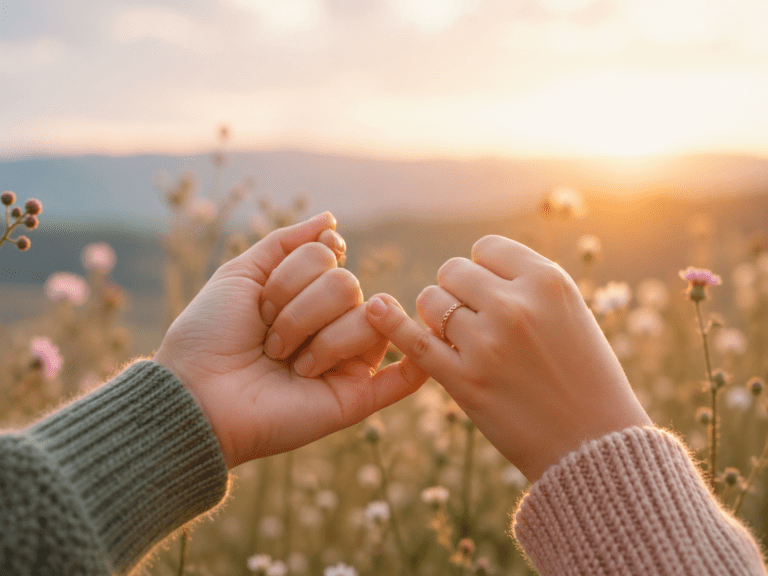 Pinky promise hands in soft evening light