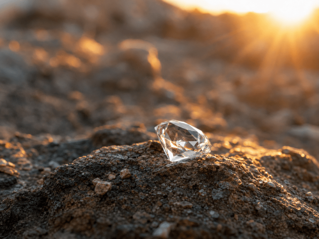 Diamond resting in earth at golden sunset