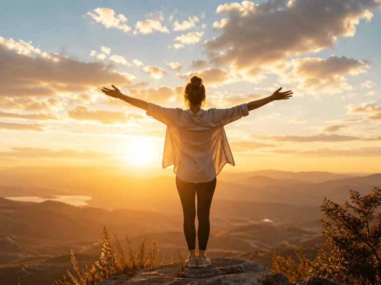 Person with arms open at sunrise overlooking mountains