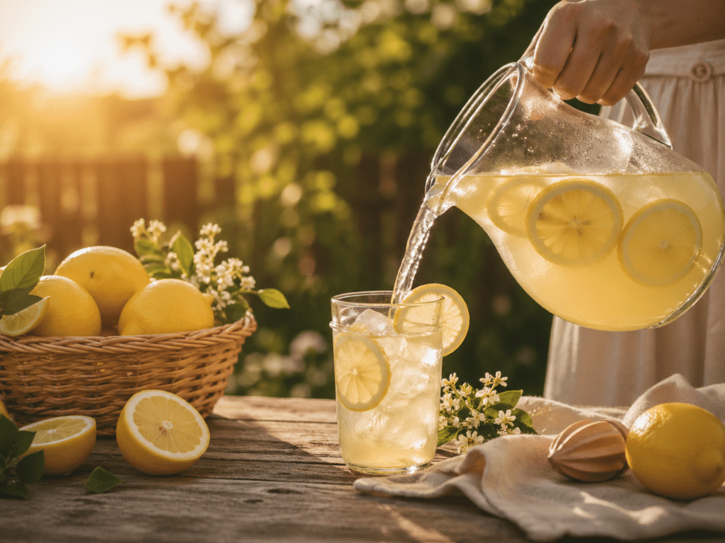 Fresh lemonade poured in a sunny garden setting