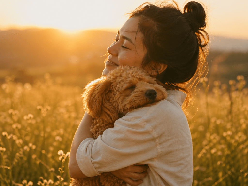 Woman embracing a dog in golden sunlight